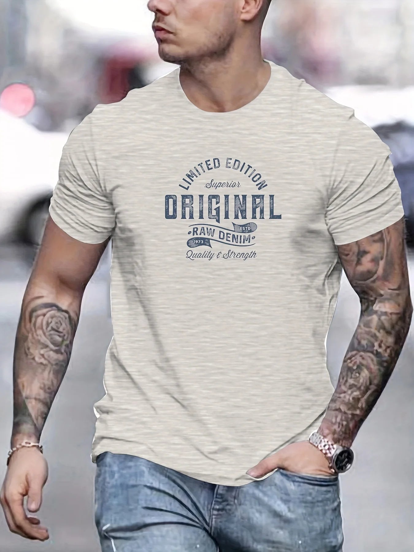Man Short Sleeve T-Shirt Vintage Print Round Neck Breathable