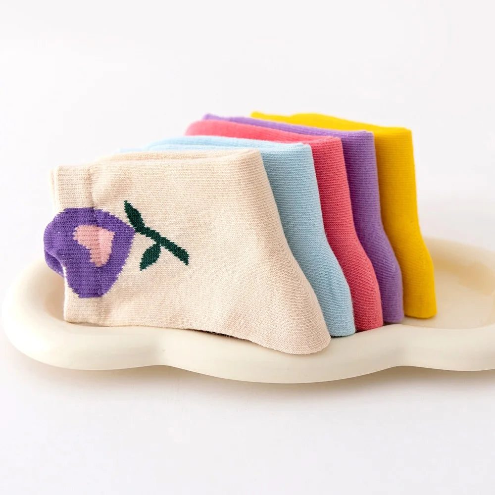 Cartoon Flower Pattern 5 Pairs Girls