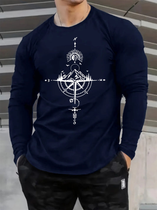 Men's mountain compass pattern printed round neck long sleeved T-shirt